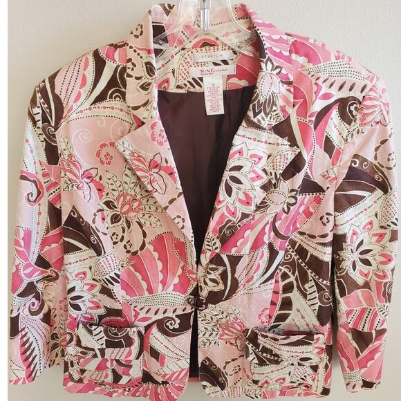 Pink Brown Floral Stretch Blazer Fully Lined Size 12 Nine & Company - Picture 1 of 5